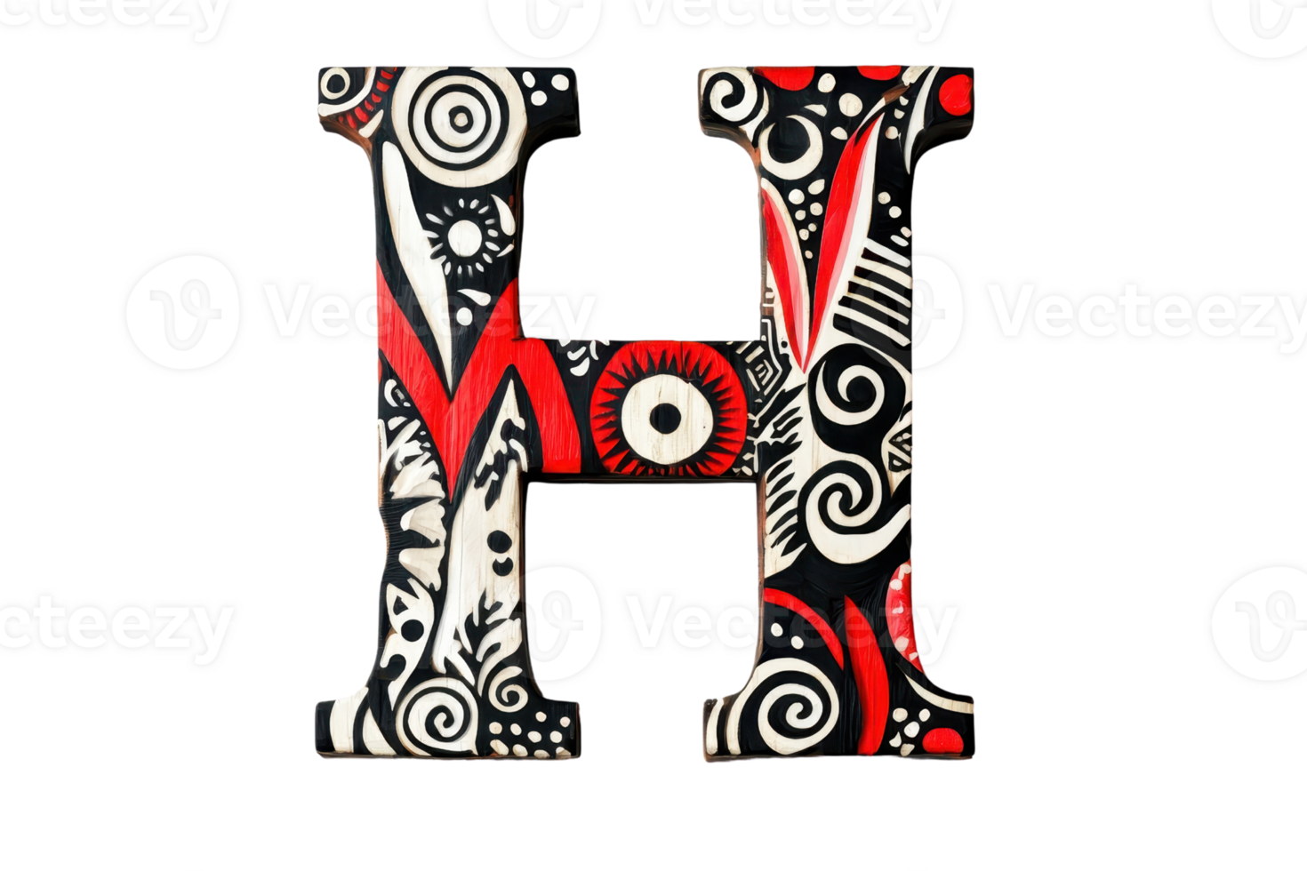 A colorful, artistic letter H featuring intricate patterns in red, black, and white. png