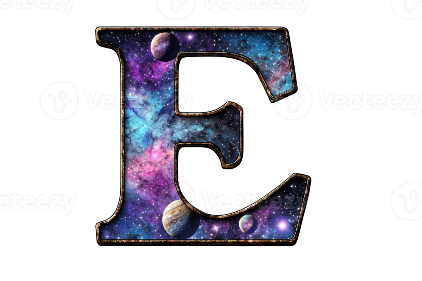 A stylized letter E filled with a cosmic design featuring vibrant colors and celestial elements like planets and stars. png