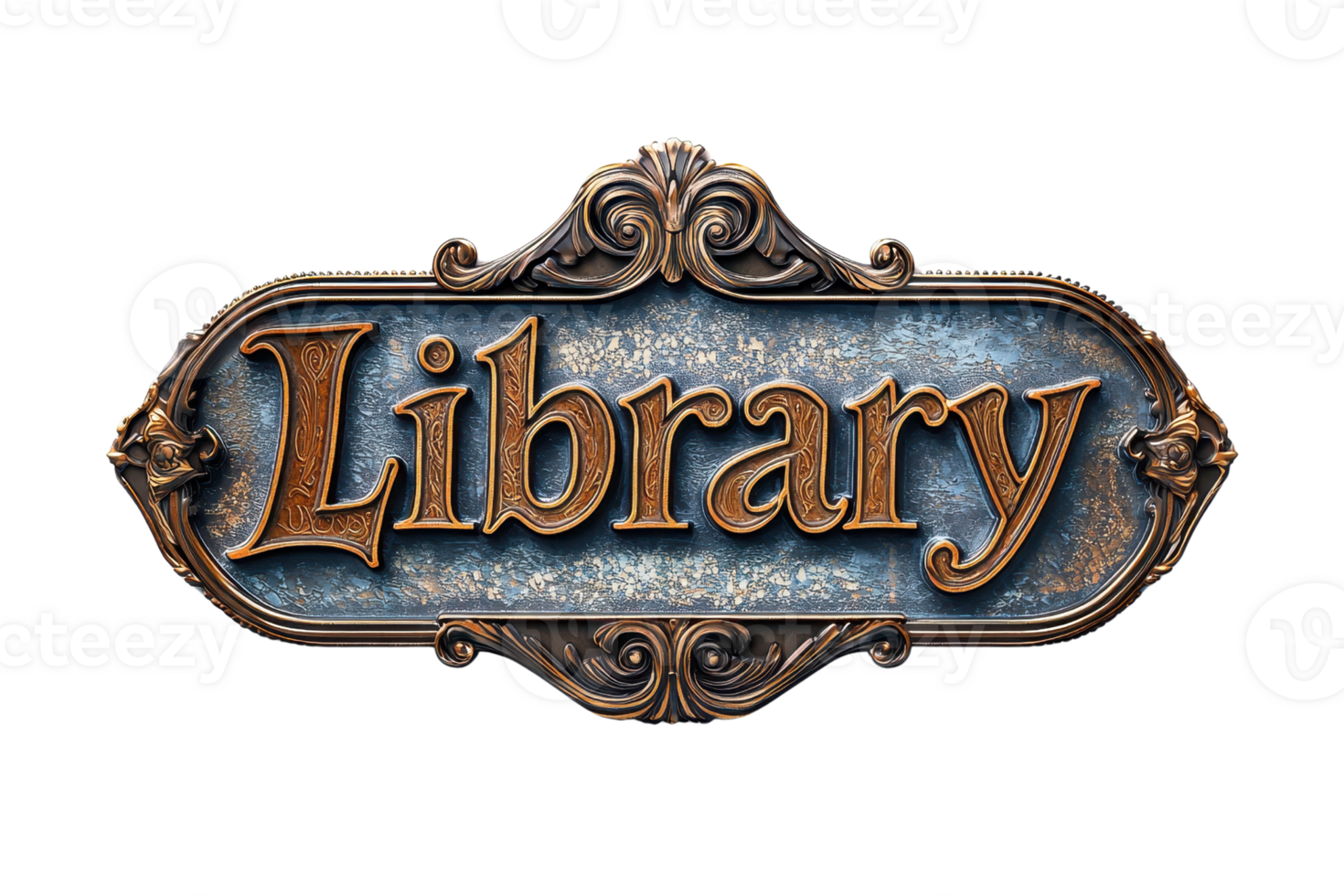 A decorative sign prominently displaying the word Library with ornate details and a textured background. png