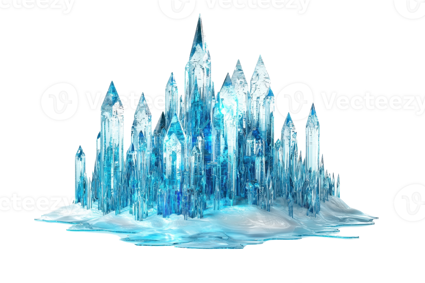 A majestic crystal ice castle with towering spires and intricate formations, illuminated with a beautiful blue hue. png