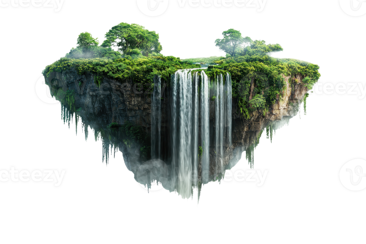 A stunning floating island features lush greenery and cascading waterfalls, creating a breathtaking natural spectacle. png