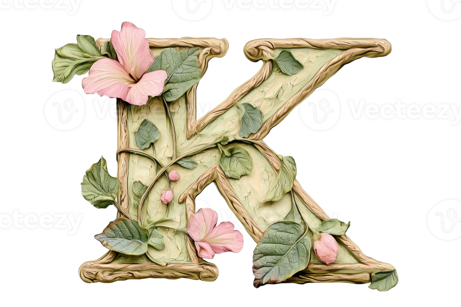 A decorative letter K adorned with flowers and leaves in a naturalistic style. png