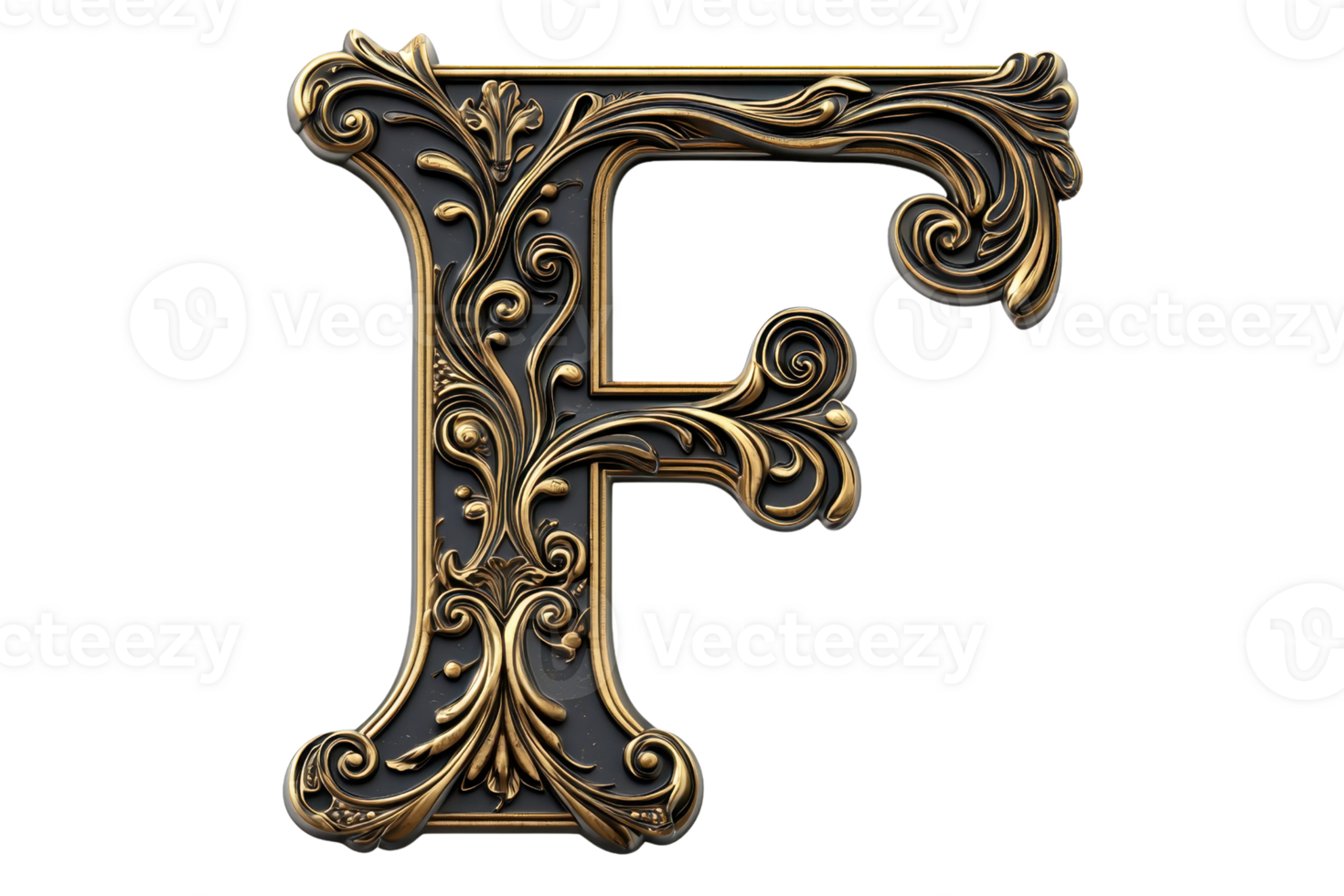 Ornate letter F featuring intricate floral designs in a metallic gold finish. png