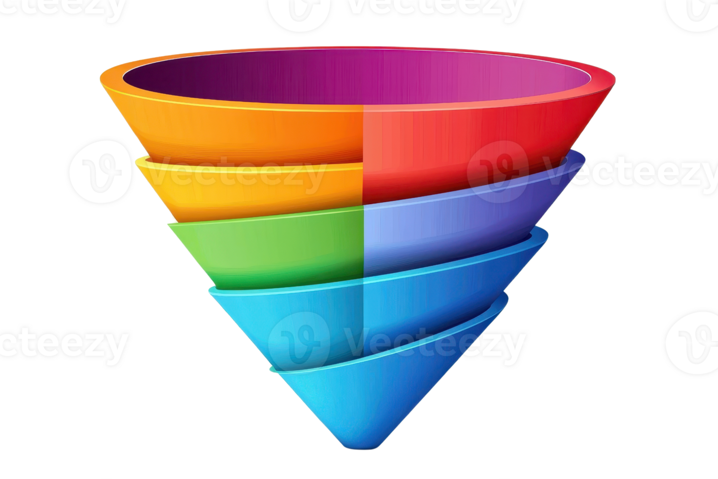 A colorful, multi-layered funnel gradually narrows towards the bottom, showcasing vibrant hues in a distinctive shape. png