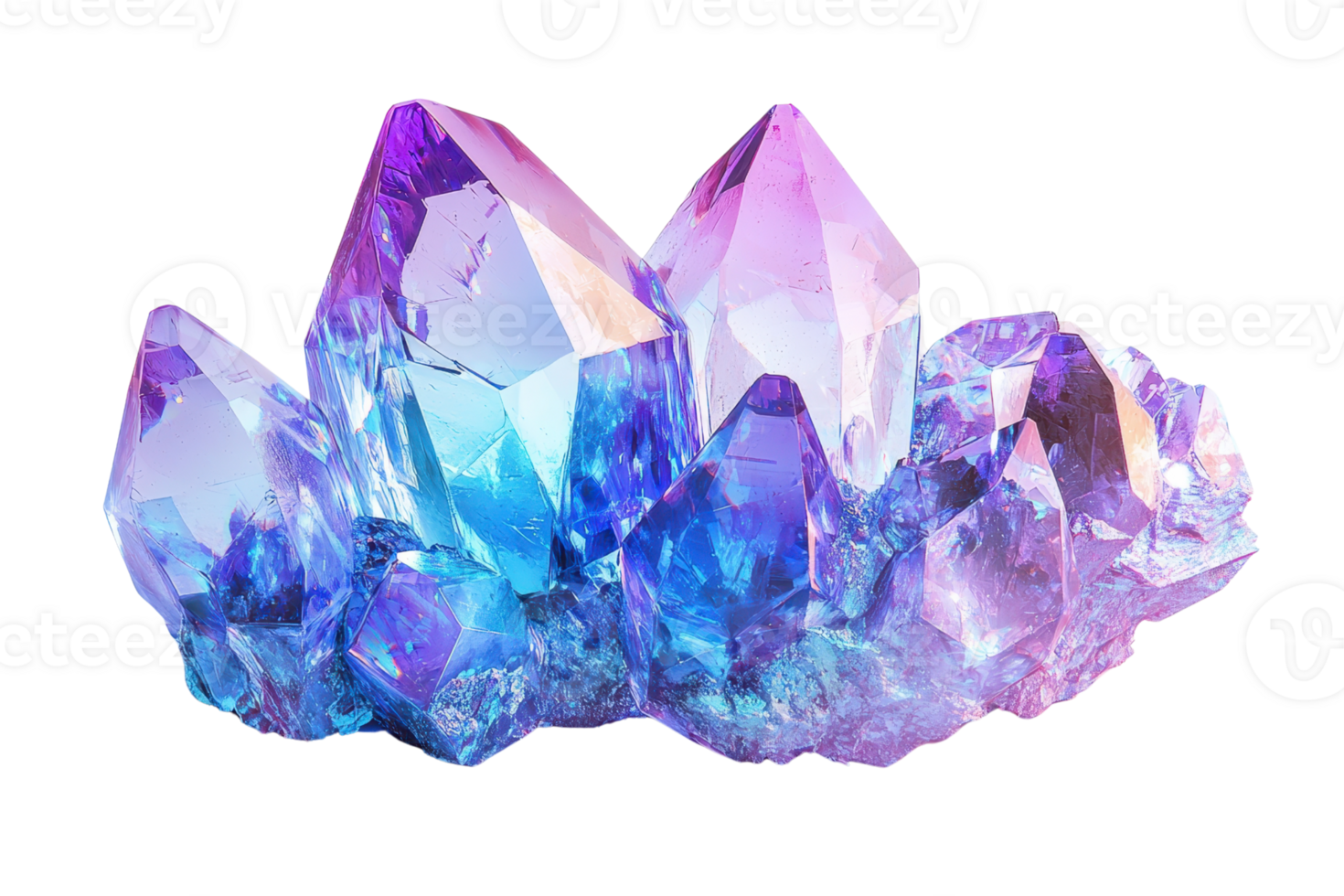 A stunning cluster of crystalline formations exhibiting vibrant hues of blue, purple, and pink, showcasing sharp points and a translucent quality. png