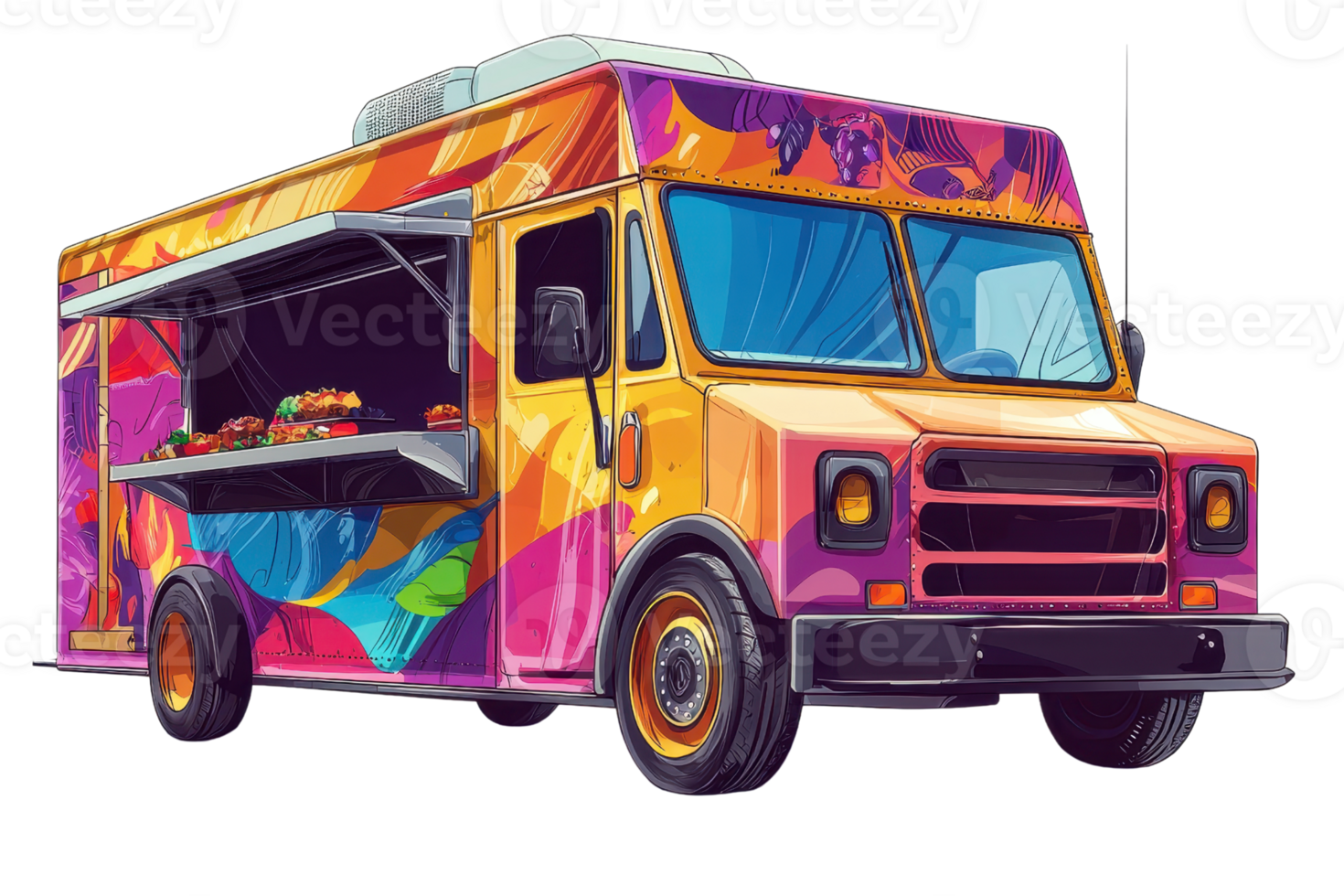 A vibrant food truck with bold colors, featuring an open serving window and a playful design, ideal for street food enthusiasts. png