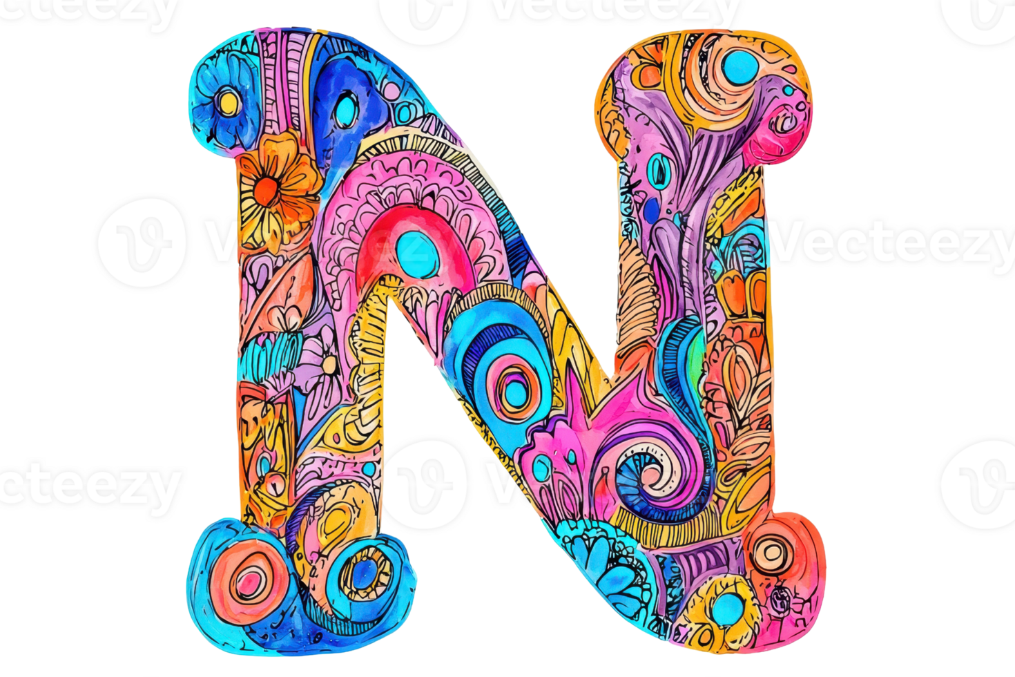A colorful, intricately designed letter N featuring vibrant patterns and swirling motifs. png