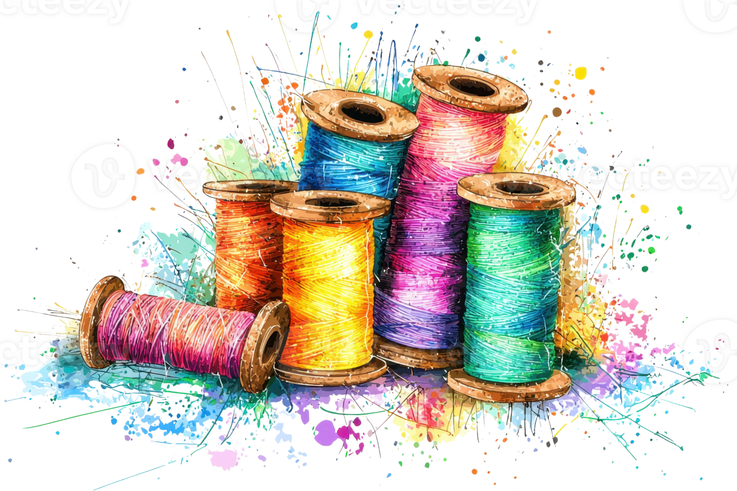 A collection of colorful spools of thread arranged artistically, showcasing vibrant hues and textures. png