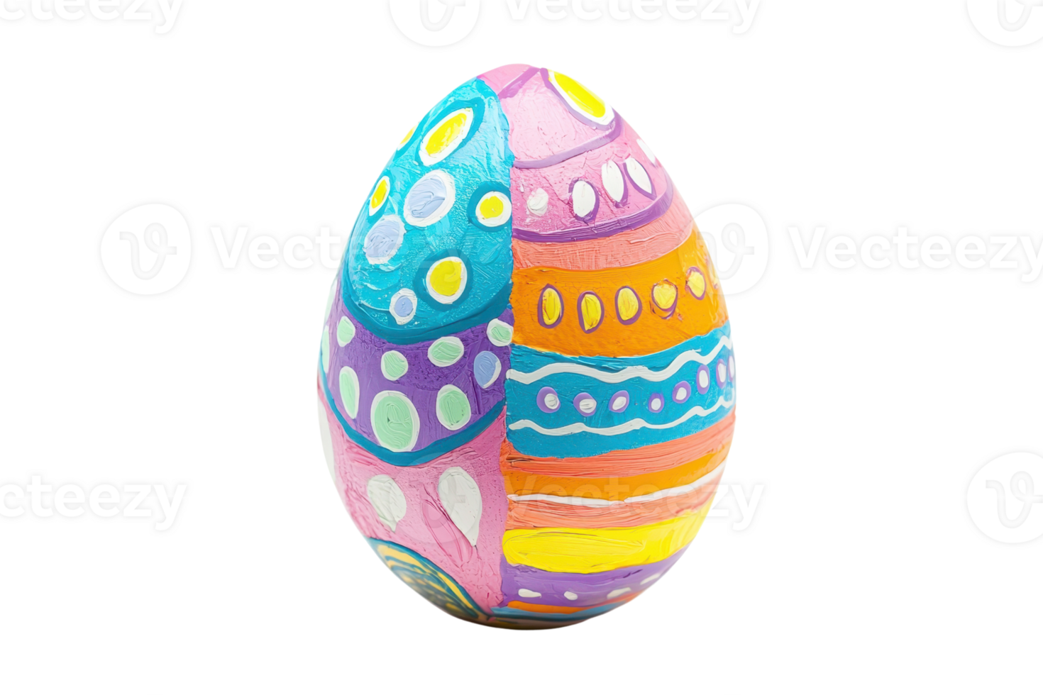 A colorful, hand-painted Easter egg featuring various patterns and vibrant hues. png