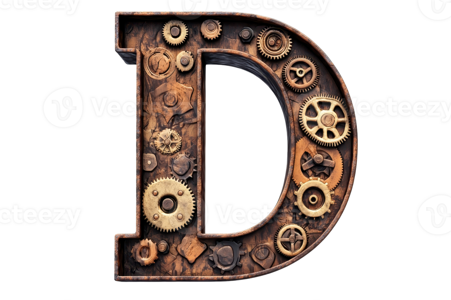 A decorative letter 'D' adorned with various gears and mechanical elements, showcasing a steampunk aesthetic. png
