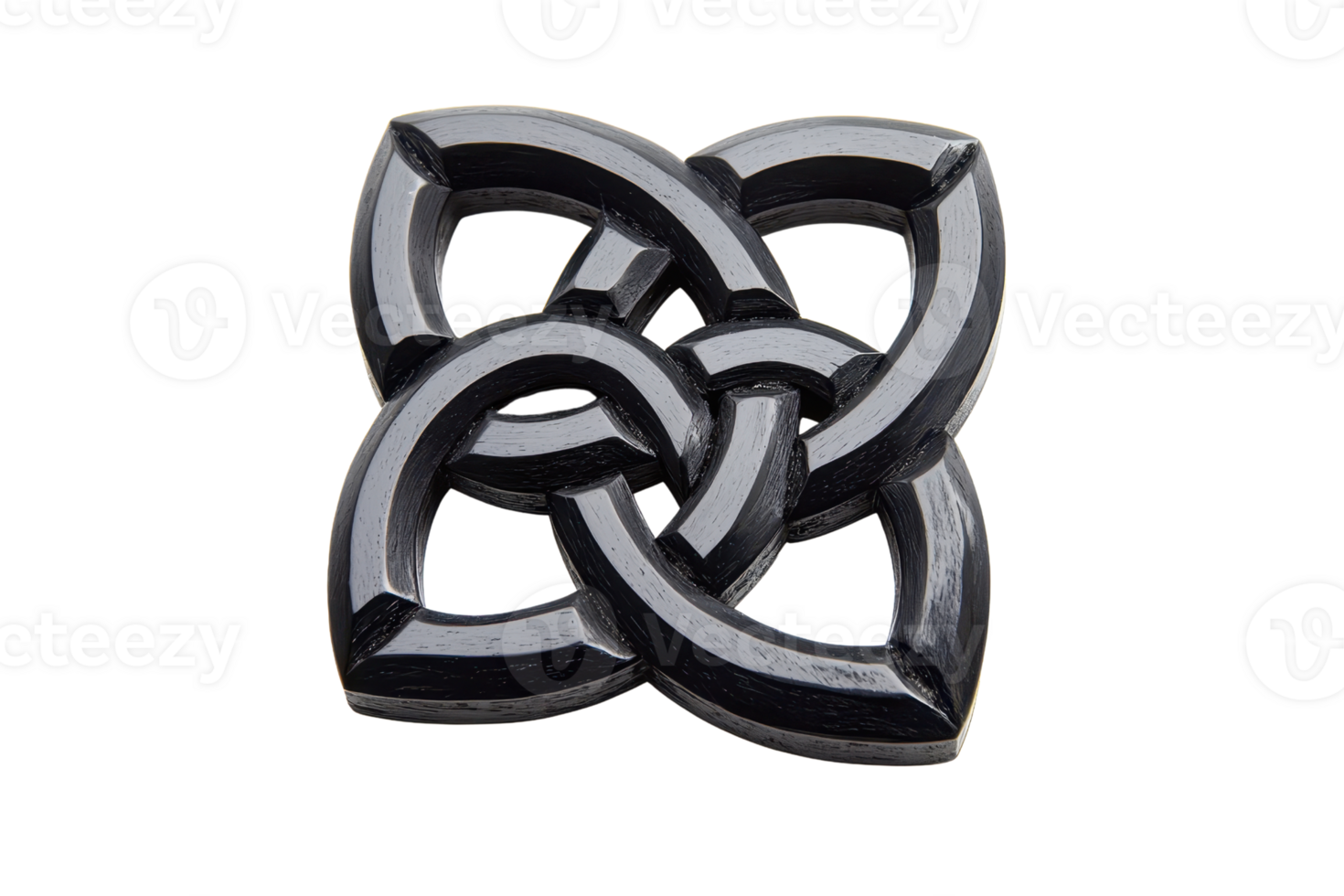 A three-dimensional, intricately designed motif consisting of interlinked shapes, showcasing a glossy black finish. png