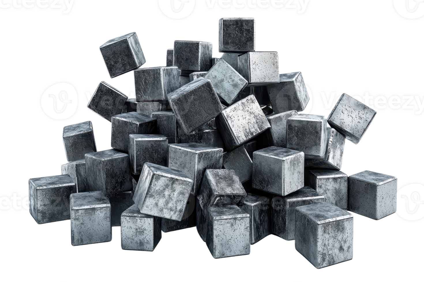 A pile of metallic cubes with varying orientations and textures, showcasing a rugged and industrial appearance. png