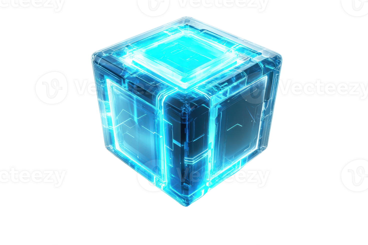 A glowing blue cube with a futuristic design, featuring intricate patterns and a luminous appearance. png