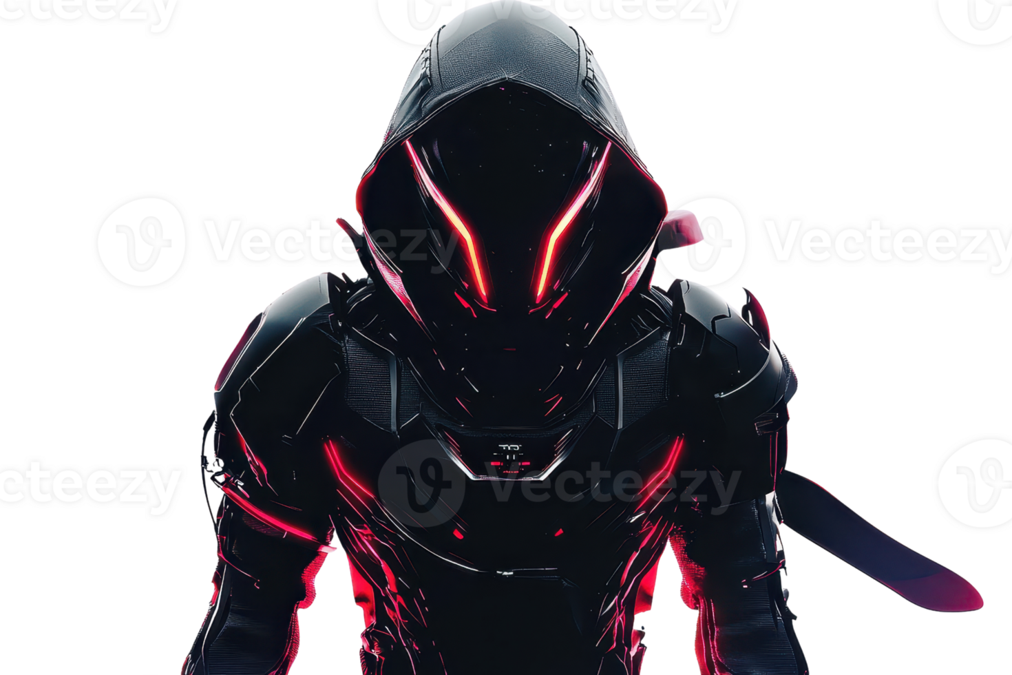 A darkly armored figure with glowing red accents and a sleek, futuristic design, embodying a mysterious and powerful presence. png