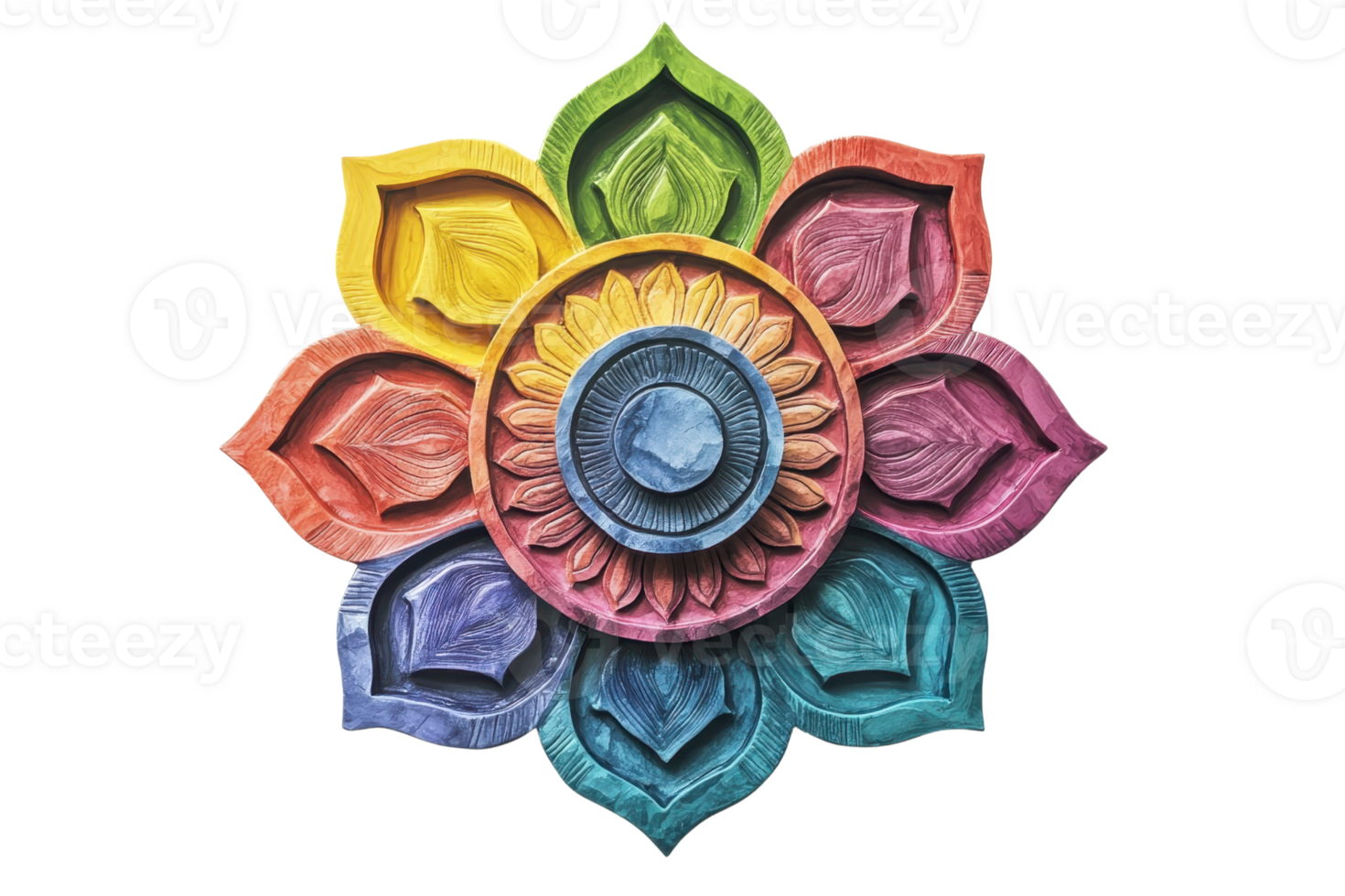 A colorful mandala design featuring layered lotus shapes in a circular arrangement with intricate patterns and a central gem-like element. png