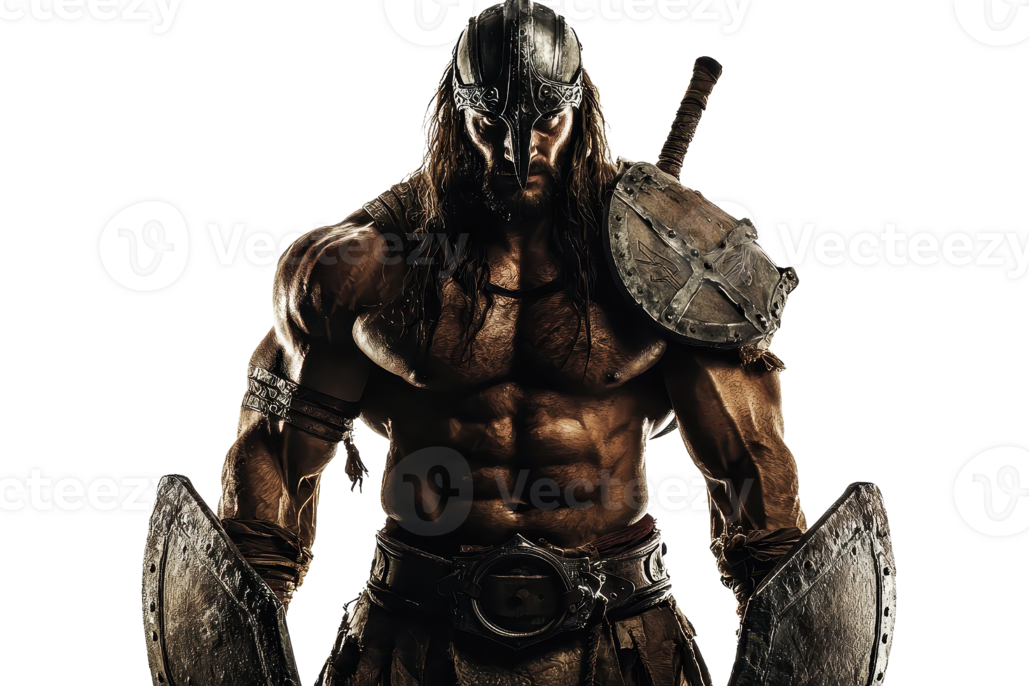 A muscular warrior, clad in armor, wields shields and has long hair, conveying strength and battle readiness. png