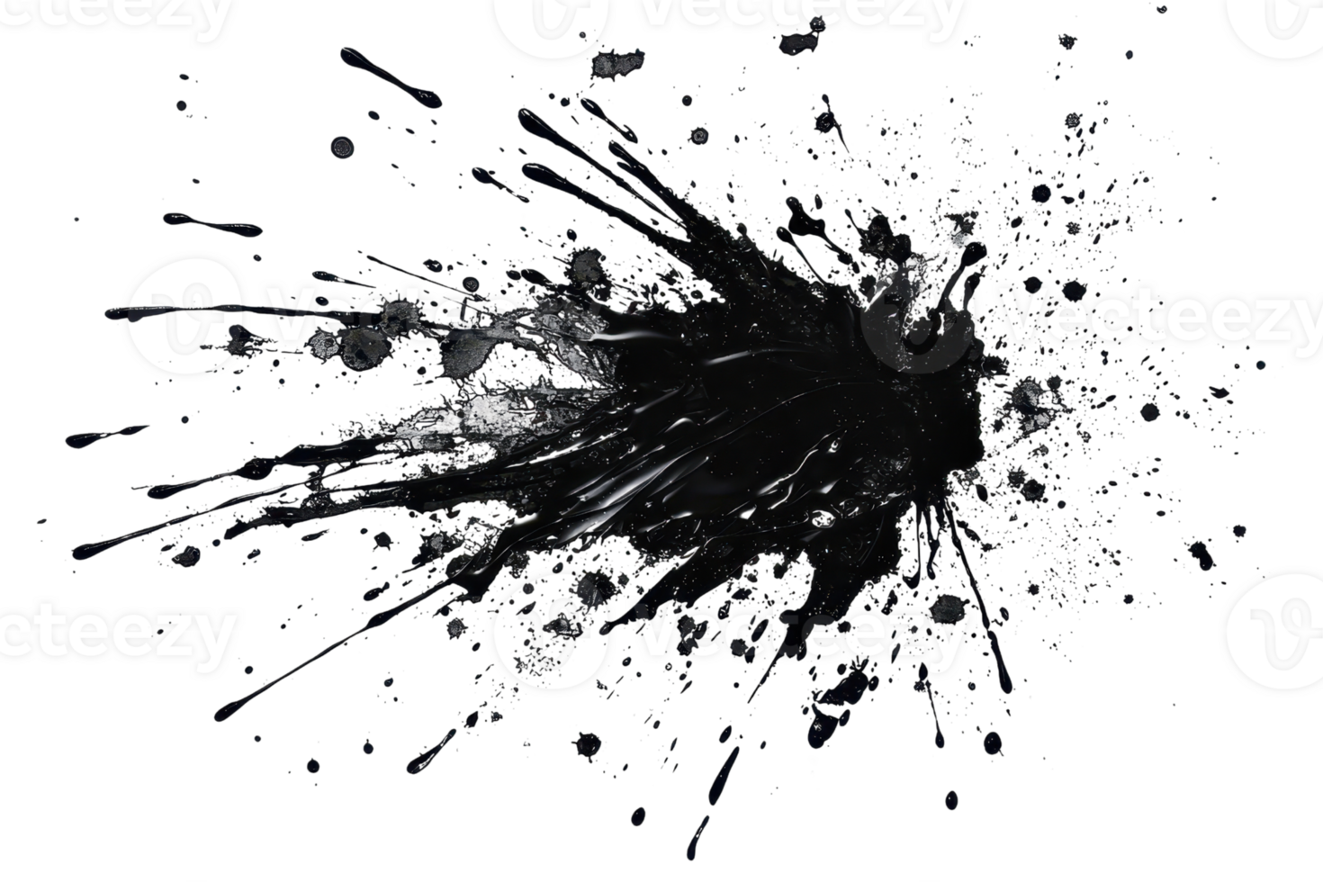 A dynamic explosion of black liquid splatter radiates outward with various droplets creating an energetic and chaotic appearance. png