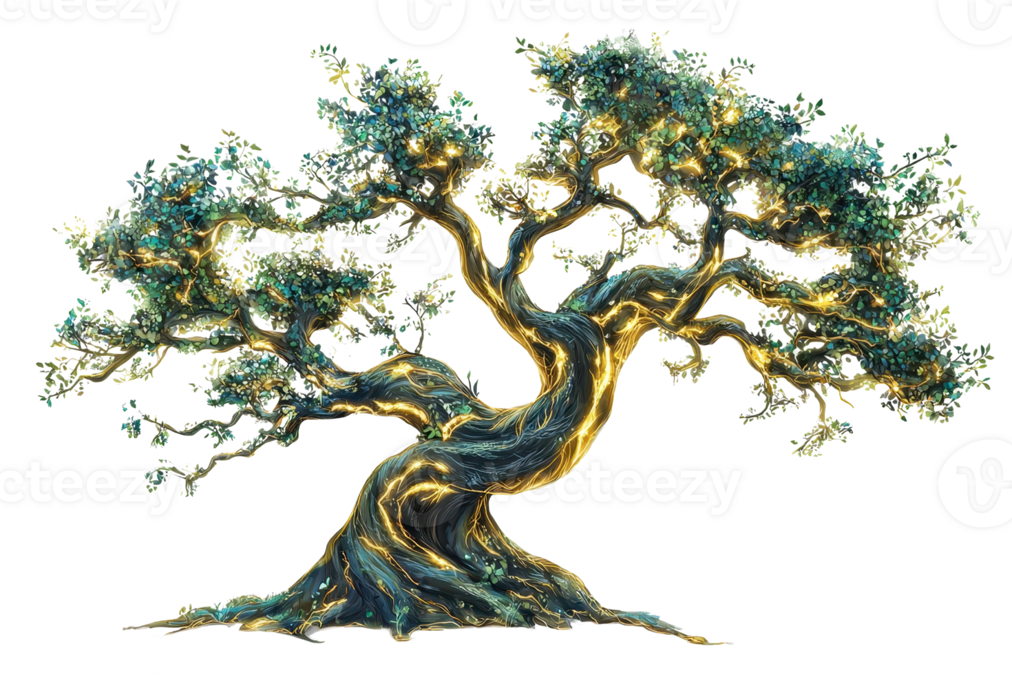A majestic, twisting tree with vibrant foliage, displaying a rich texture and intricate branches, exuding an enchanting presence. png