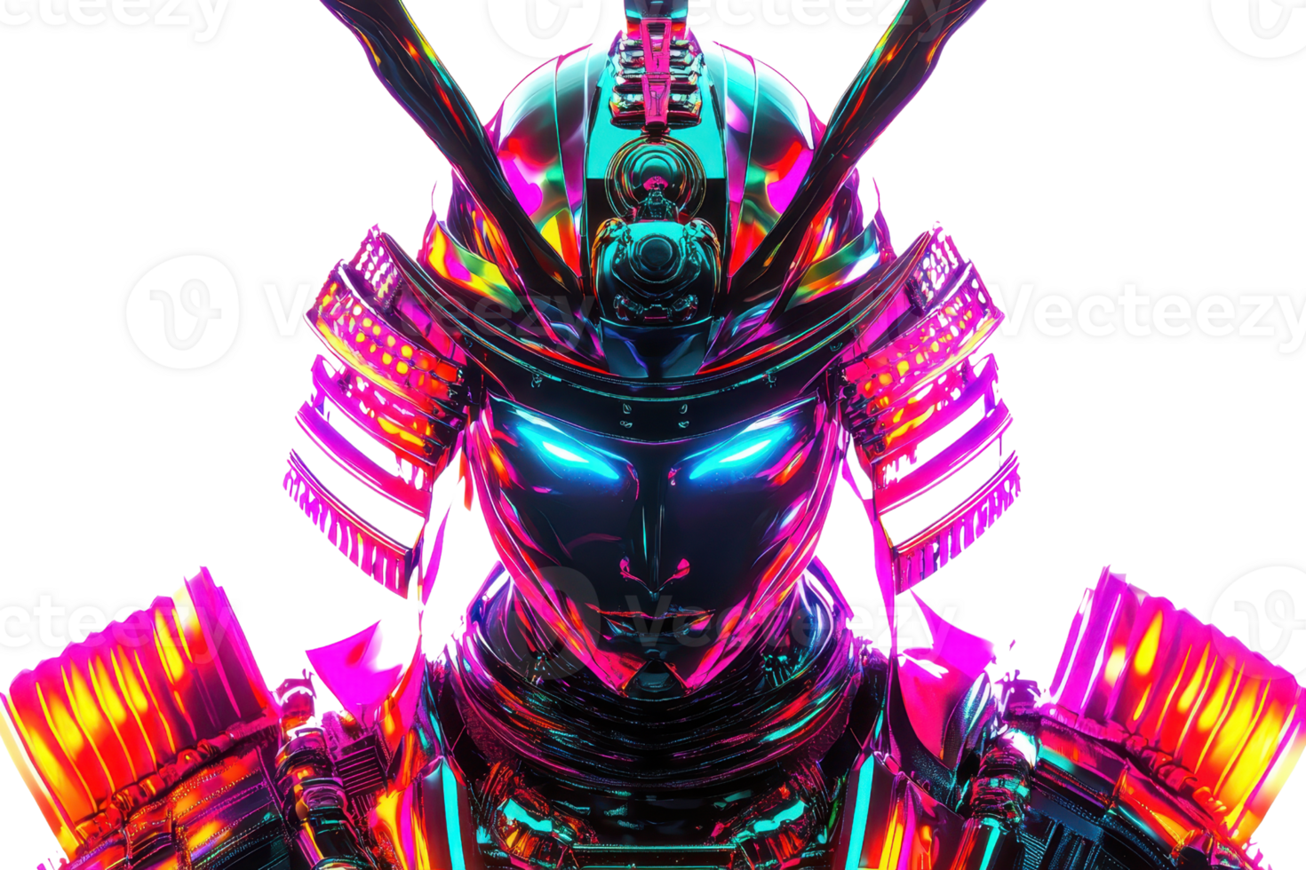 A futuristic samurai figure adorned with vibrant neon armor and glowing features, showcasing a blend of tradition and advanced technology. png