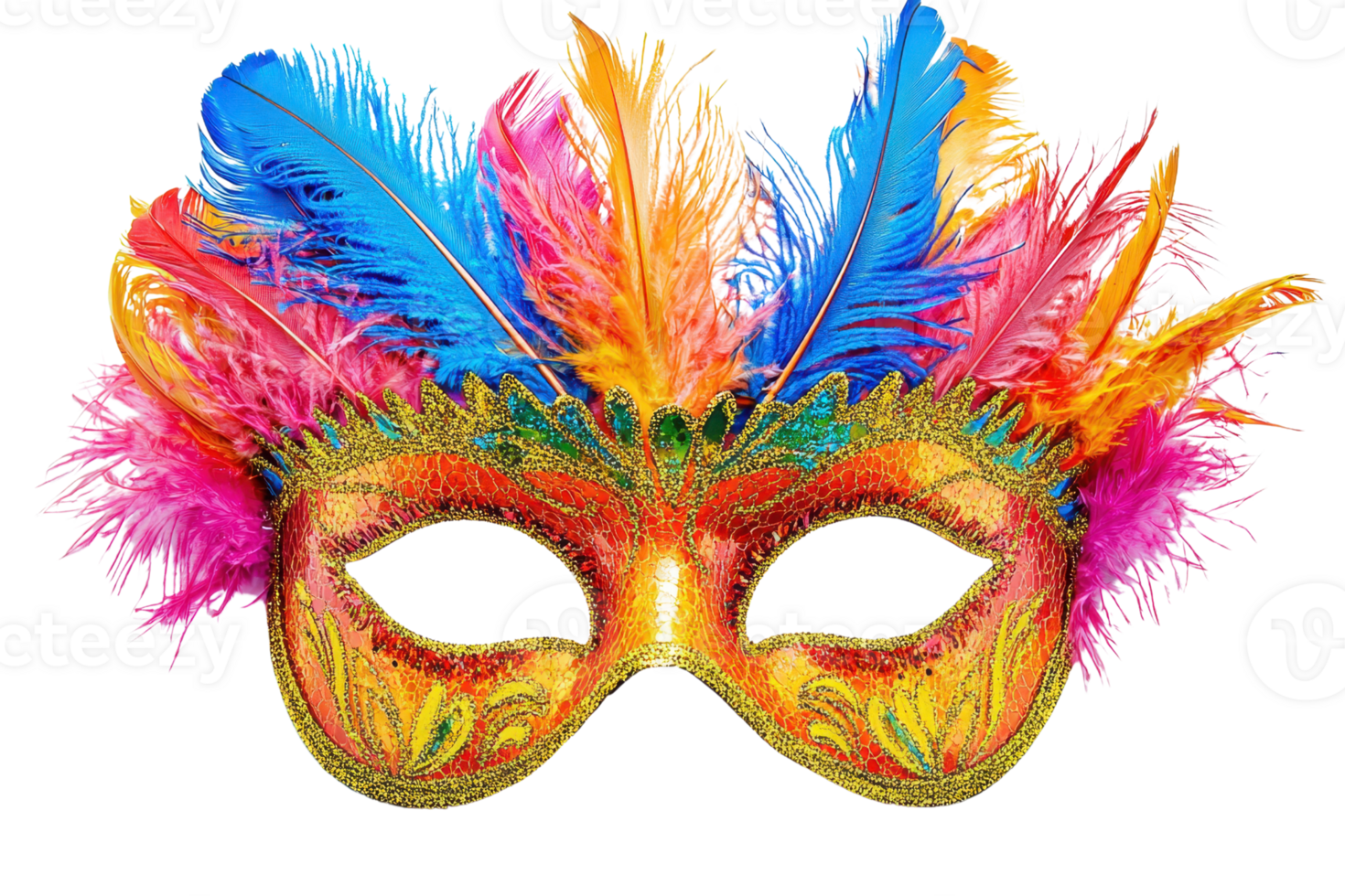 A vibrant masquerade mask adorned with colorful feathers and intricate designs, capturing the essence of festivity and celebration. png