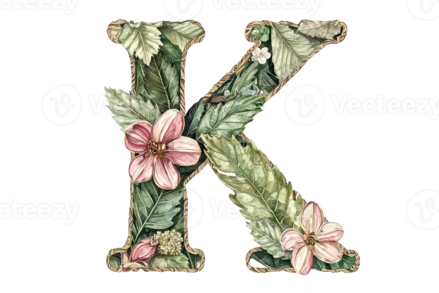 A decorative letter K adorned with colorful flowers and leaves, showcasing intricate botanical details. png