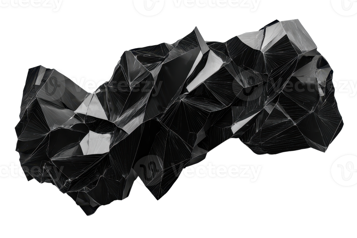 A crystalline black mineral with sharp, angular facets and an intricate, twisted form. png