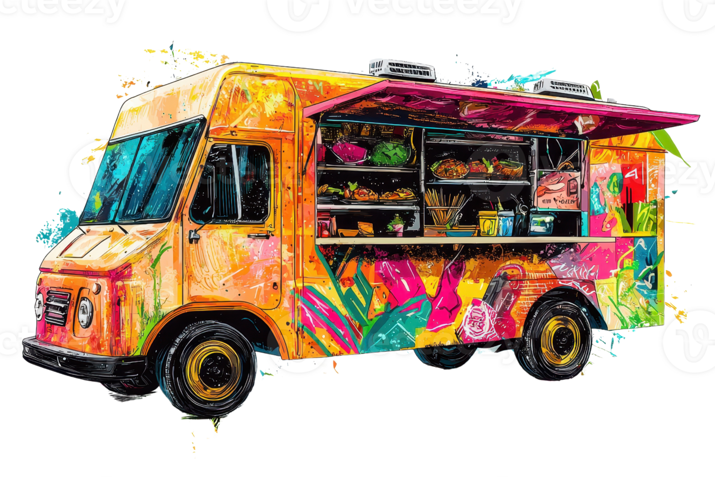A vibrant food truck with colorful artwork and an open serving window, showcasing an array of food items. png