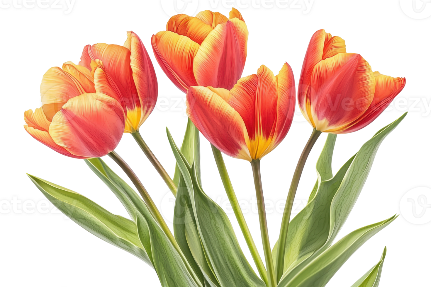 Vibrant tulips display a mix of red and orange petals, complemented by lush green leaves, showcasing their natural beauty. png