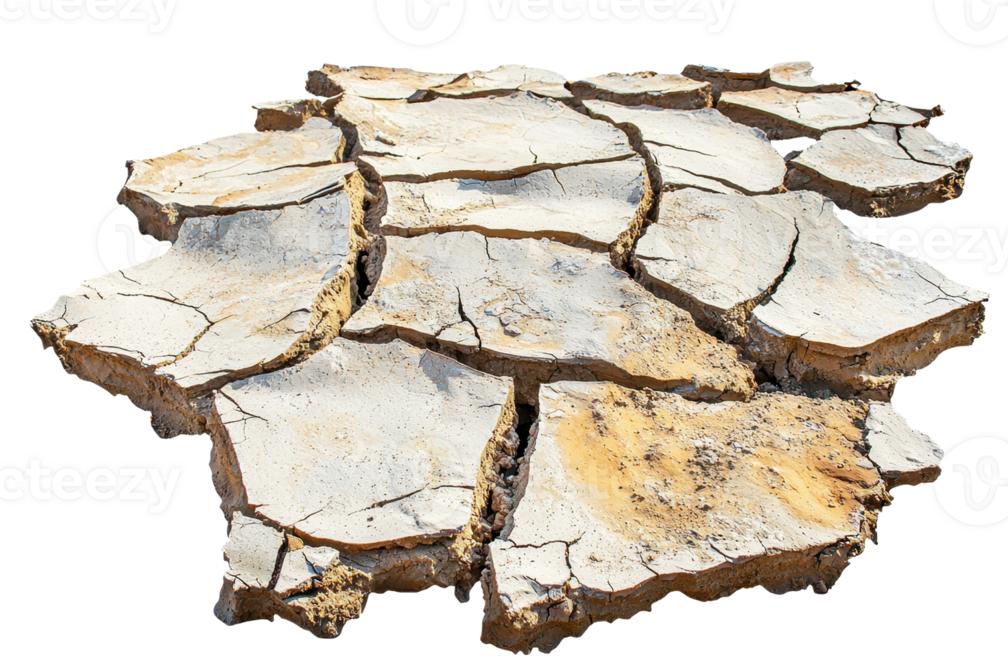 A cracked, dry earth surface showcasing irregular, weathered stone fragments with varying textures and colors. png