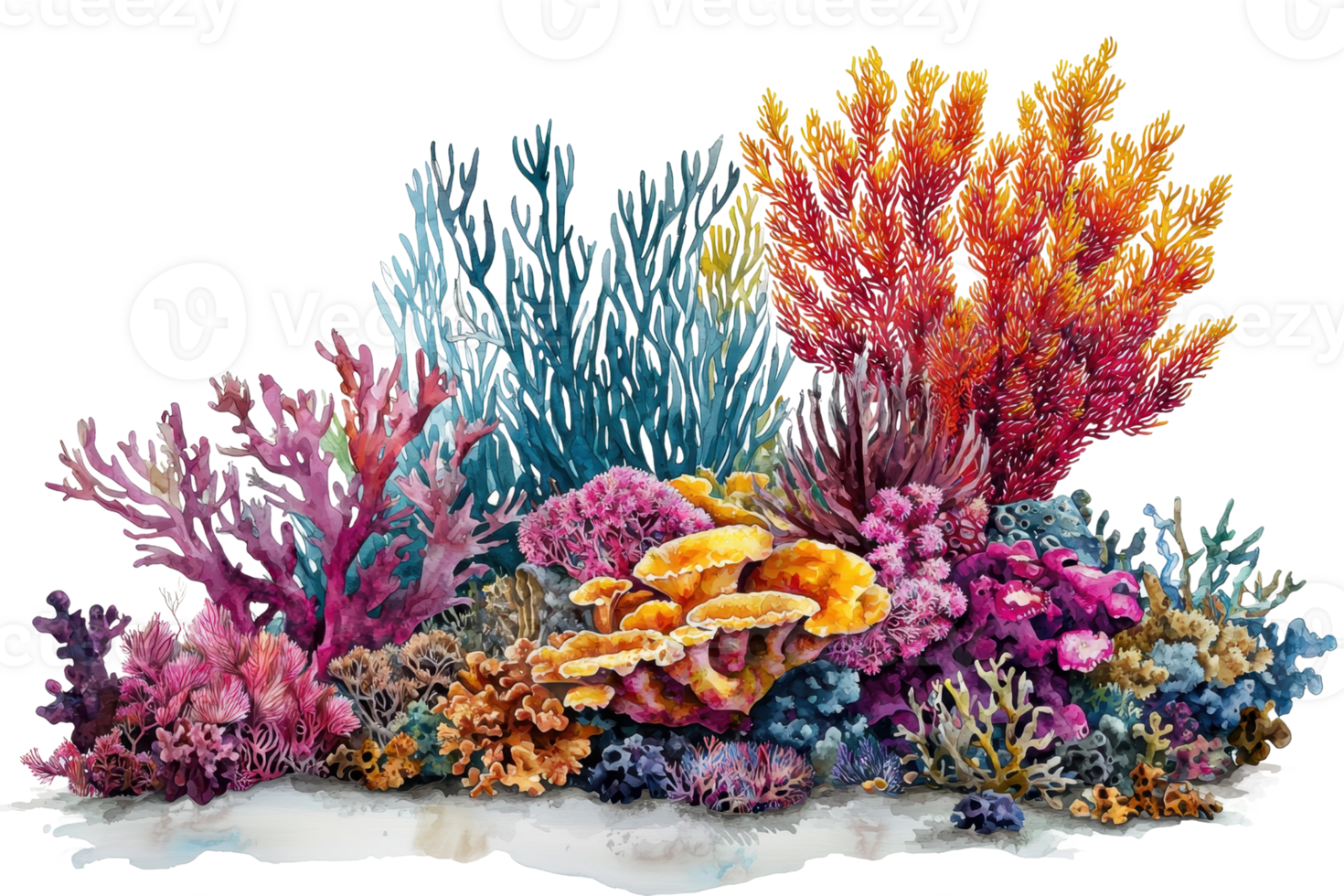A vibrant coral reef with diverse marine life, showcasing a variety of colors and textures. png