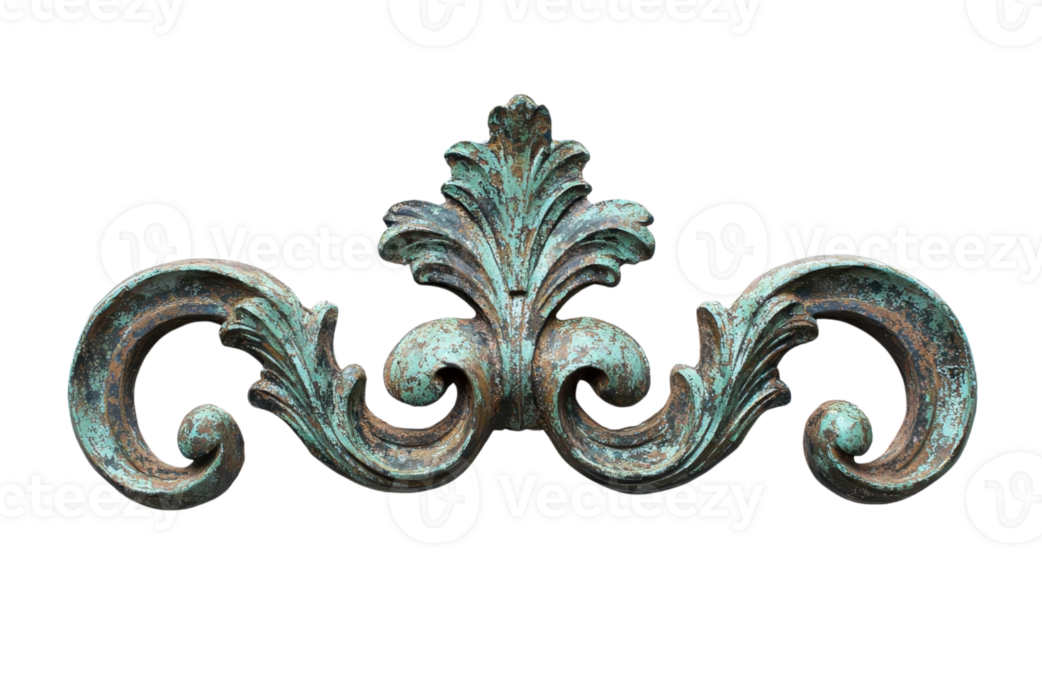 Ornate decorative element with intricate leaf and swirl patterns, featuring a weathered patina effect. png