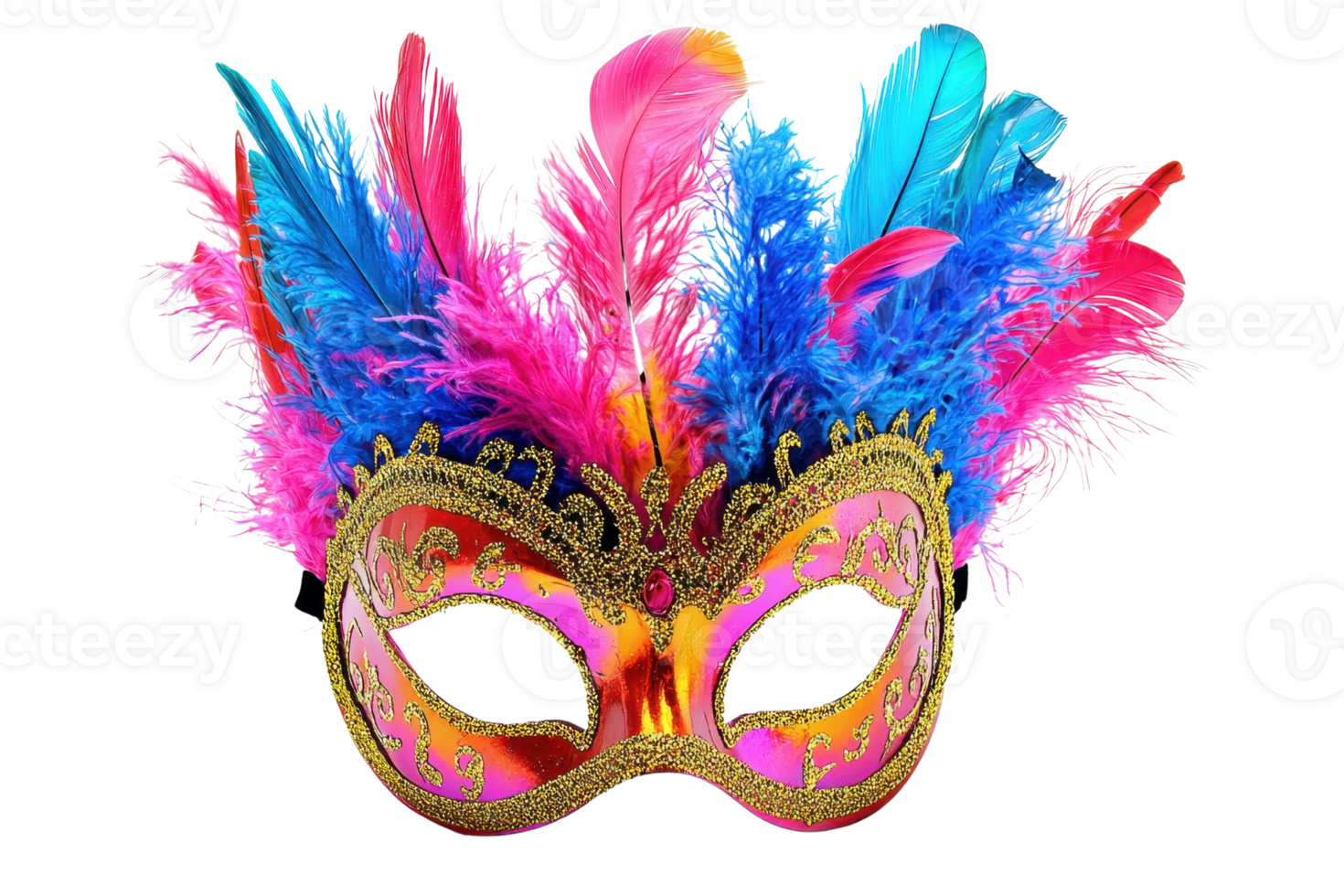 Colorful masquerade mask adorned with vibrant feathers, showcasing intricate details and an eye-catching design. png