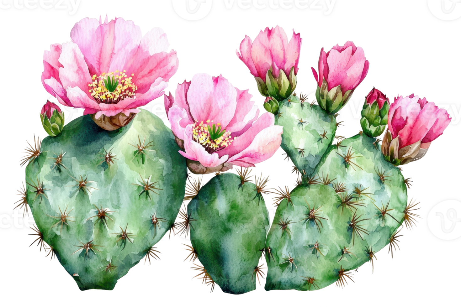 A vibrant cactus with pink flowers in full bloom, showcasing its unique spines and lush green pads. png