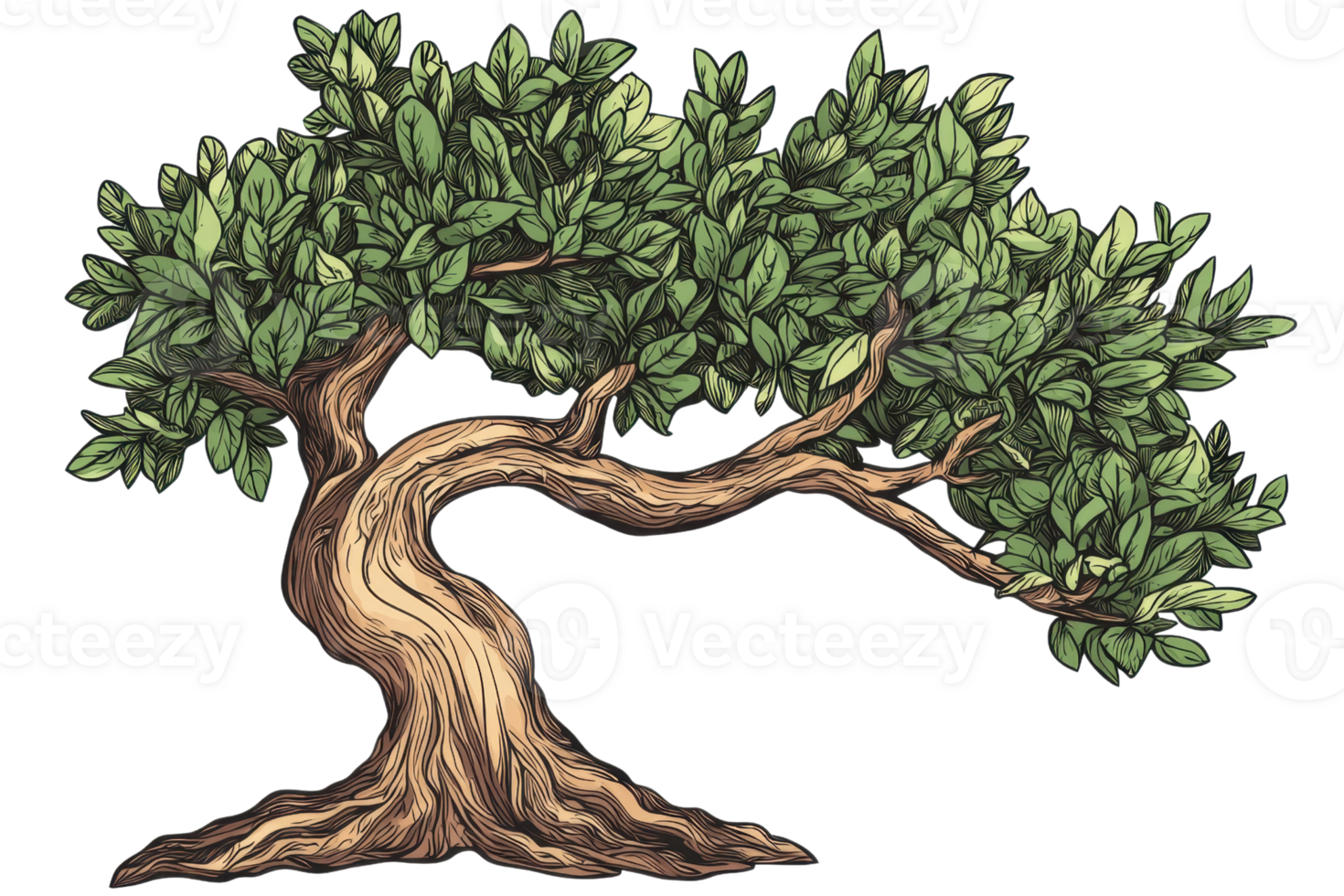 A stylized tree with twisting branches and lush green leaves, showcasing a unique and artistic design. png