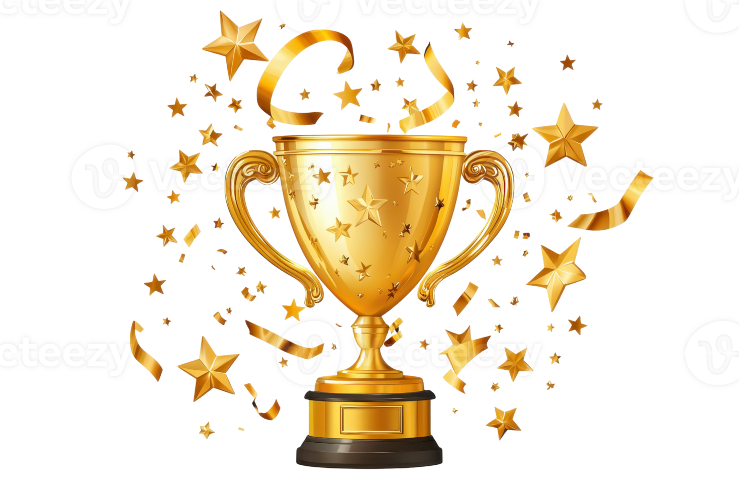 A shiny gold trophy adorned with stars and surrounded by festive confetti, symbolizing accomplishment and celebration. png