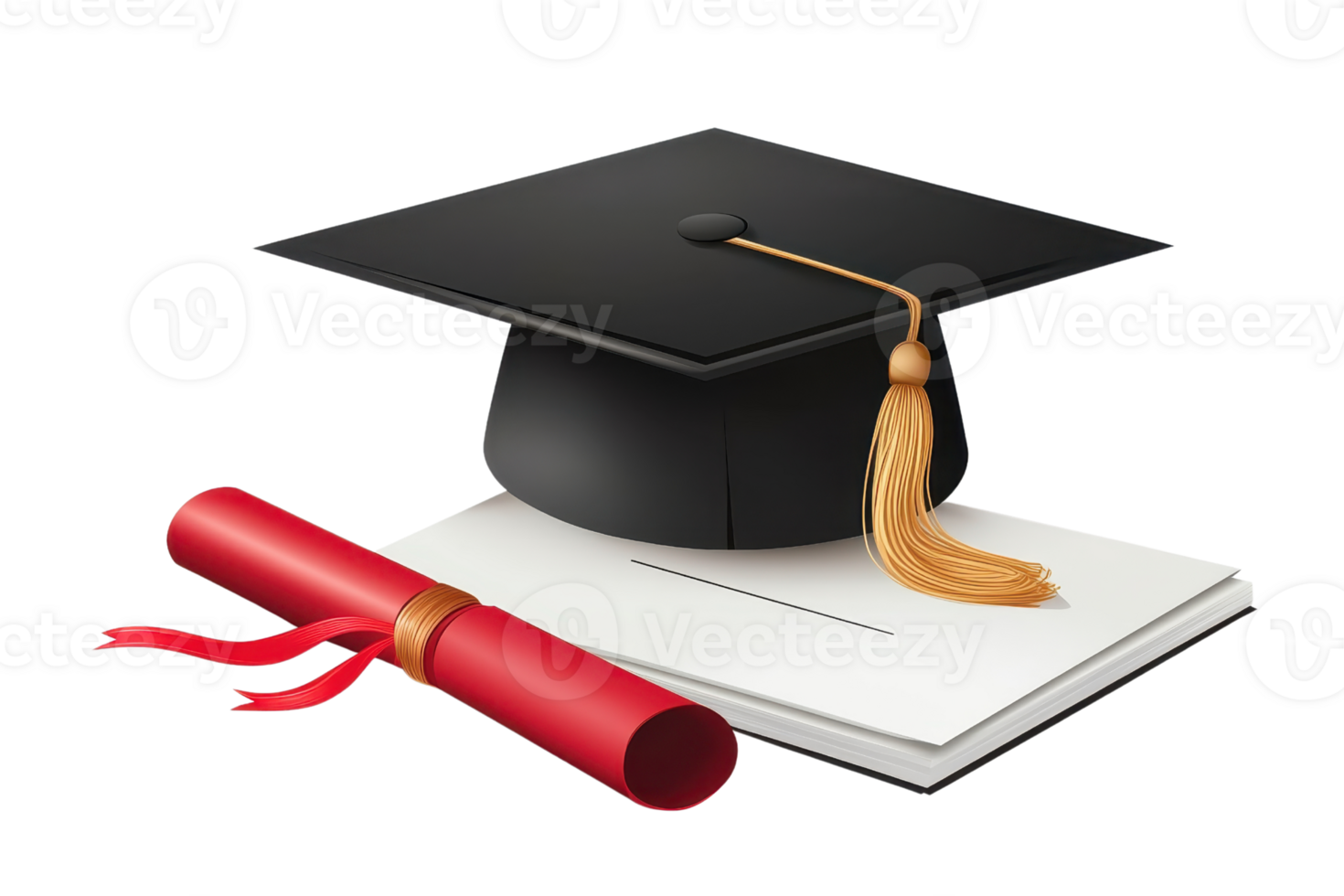 A graduation cap sits atop a diploma, symbolizing academic achievement and success in education. png