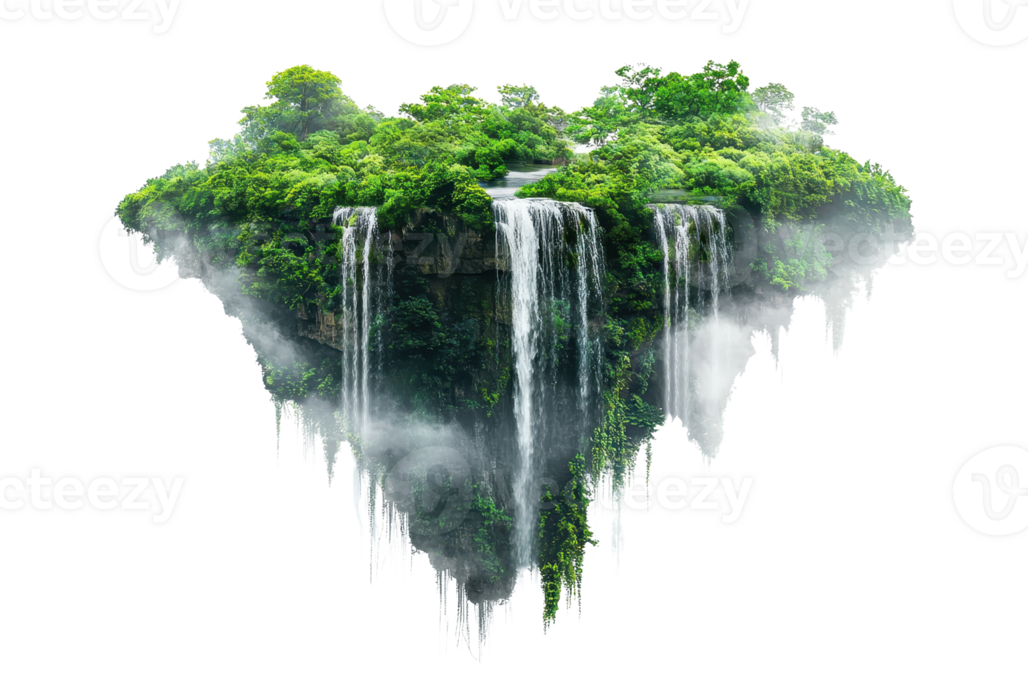 A lush, floating island featuring dense greenery, cascading waterfalls, and a misty aura, presenting a magical natural landscape. png
