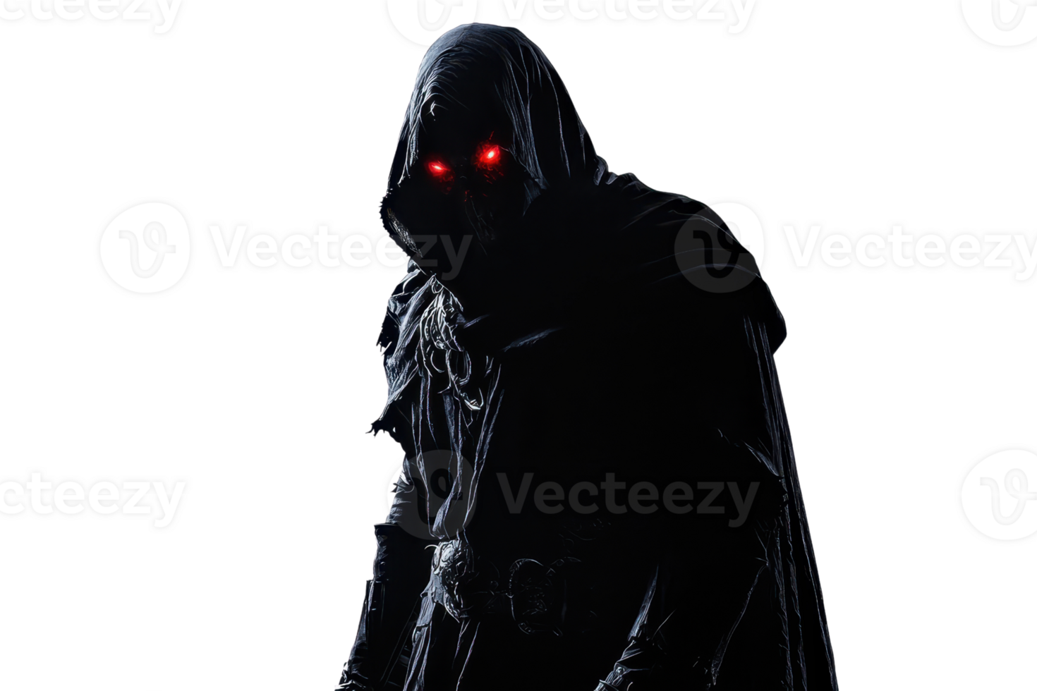 A cloaked figure with glowing red eyes stands ominously, exuding a mysterious and menacing aura. png