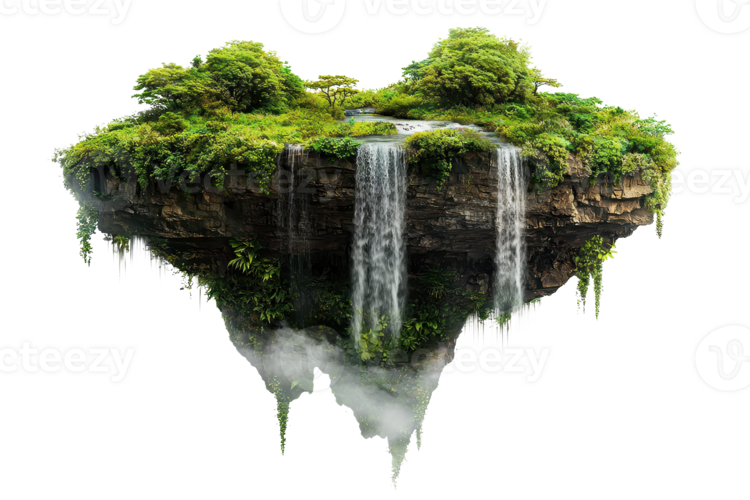 A lush, floating island features vibrant greenery and cascading waterfalls, creating a magical, serene atmosphere. png