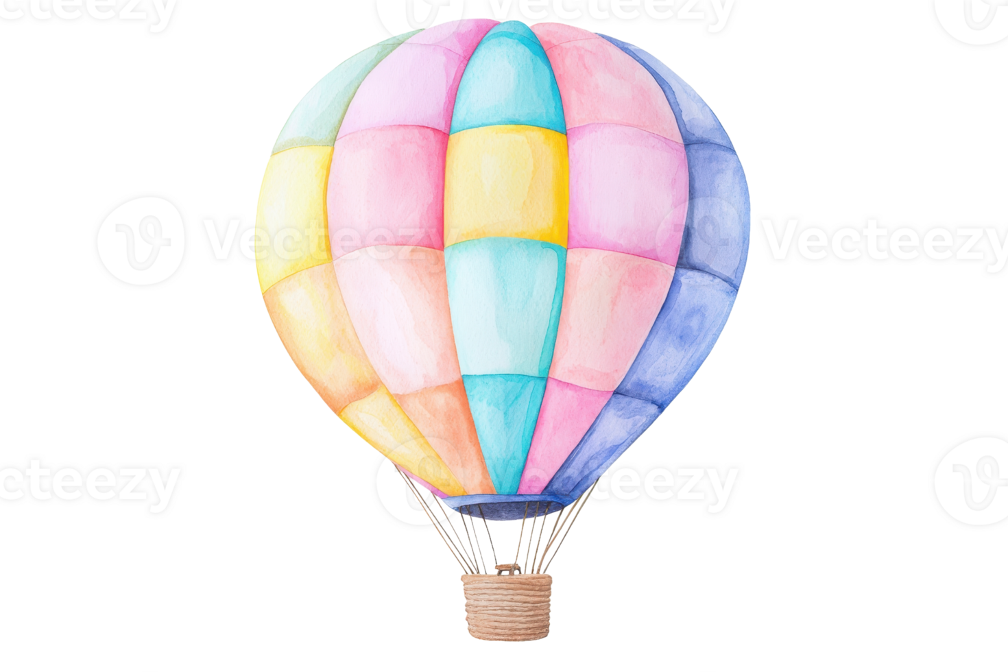 A colorful hot air balloon with pastel shades, featuring a checkered design and a woven basket, ready for flight. png