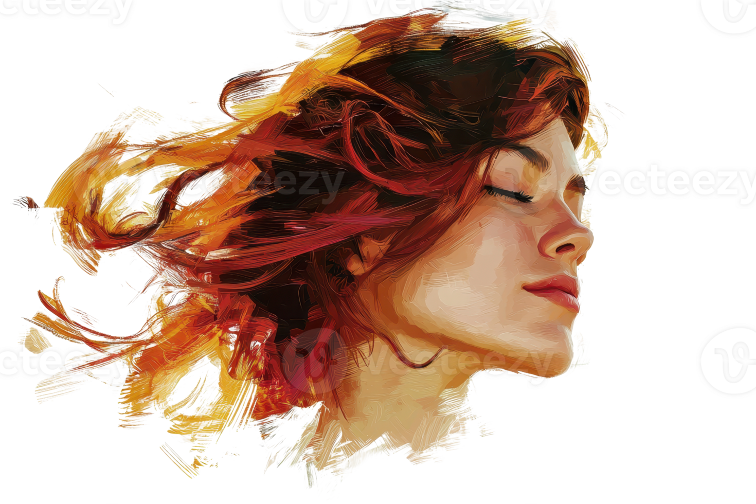 A woman with flowing red hair and a serene expression, embodying a sense of peace and freedom. png