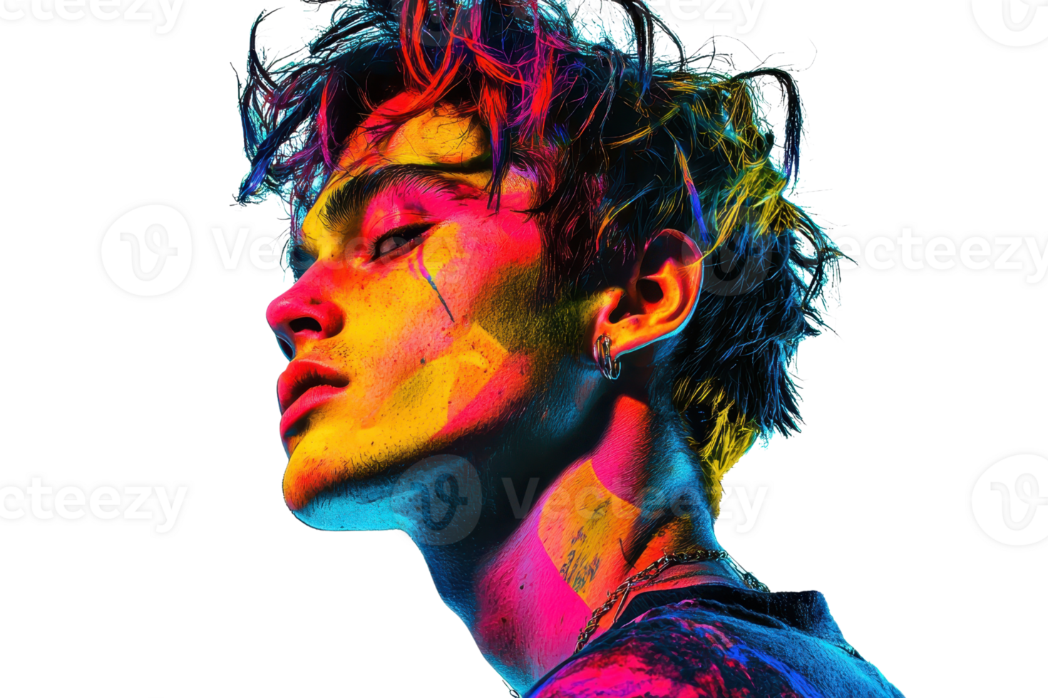 A vibrant portrait of a young man with colorful hues highlighting his features and hairstyle, creating an artistic and dynamic appearance. png