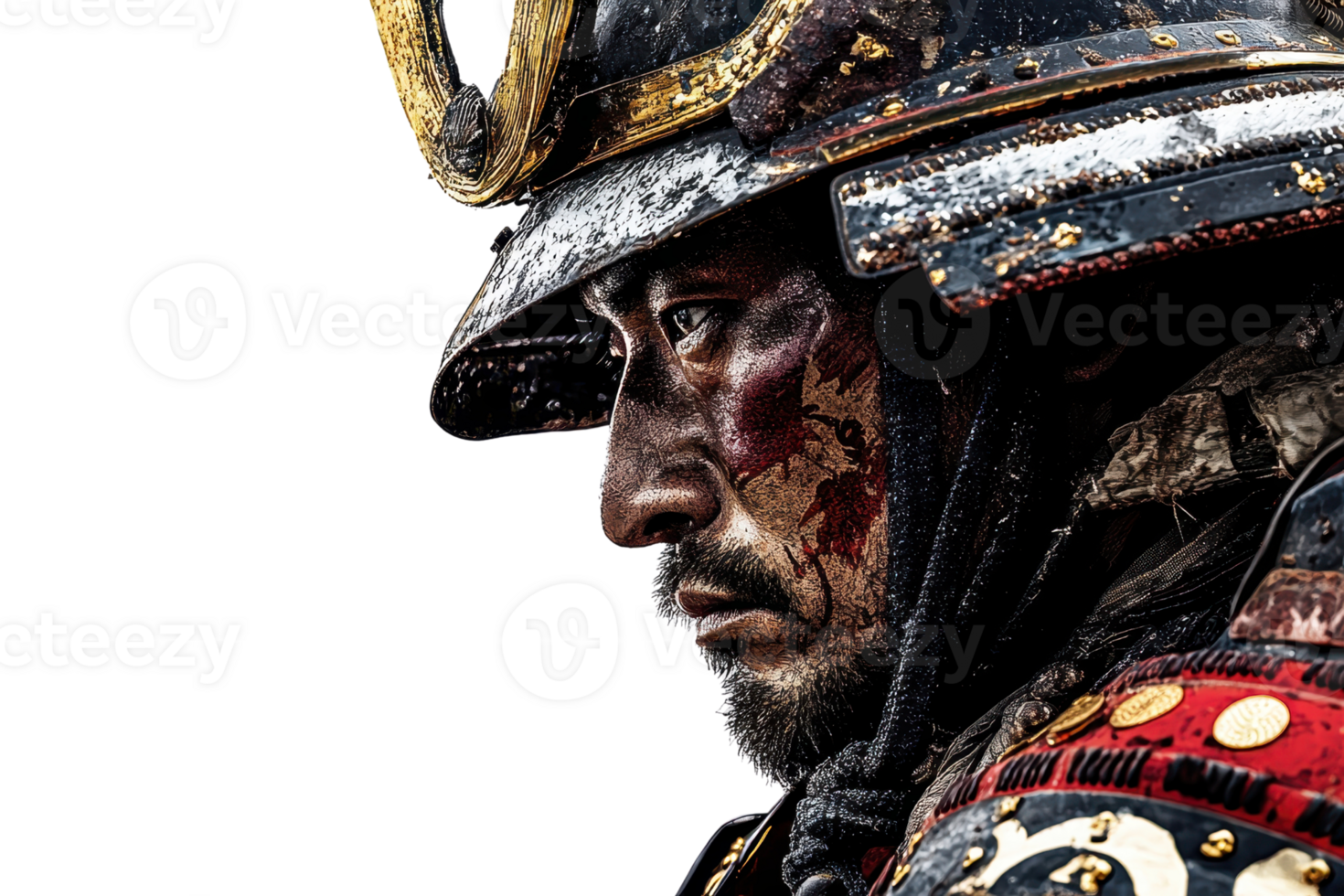 A close-up portrait of a samurai warrior in ornate armor, highlighting facial details and the intricate design of the helmet against a dark background. png