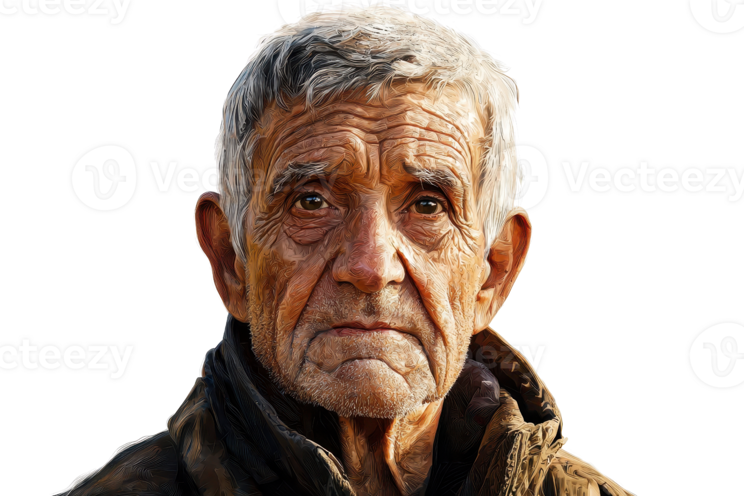 A weathered elderly man with deep facial lines and a thoughtful expression, wearing a rustic jacket. png