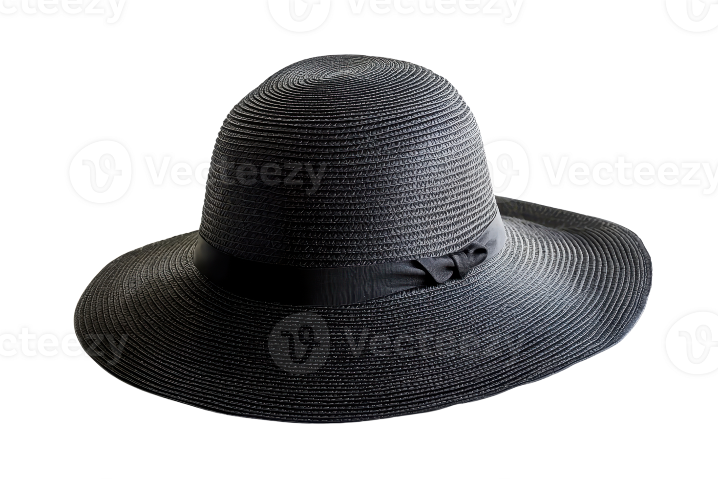 A stylish black straw hat with a wide brim and a decorative ribbon, ideal for sun protection and fashion. png
