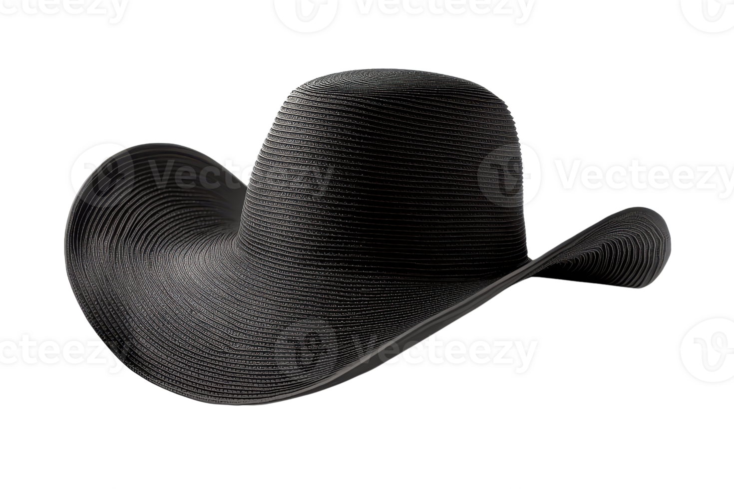 A black hat with a wide brim, exhibiting a textured surface design that adds depth to its appearance. png