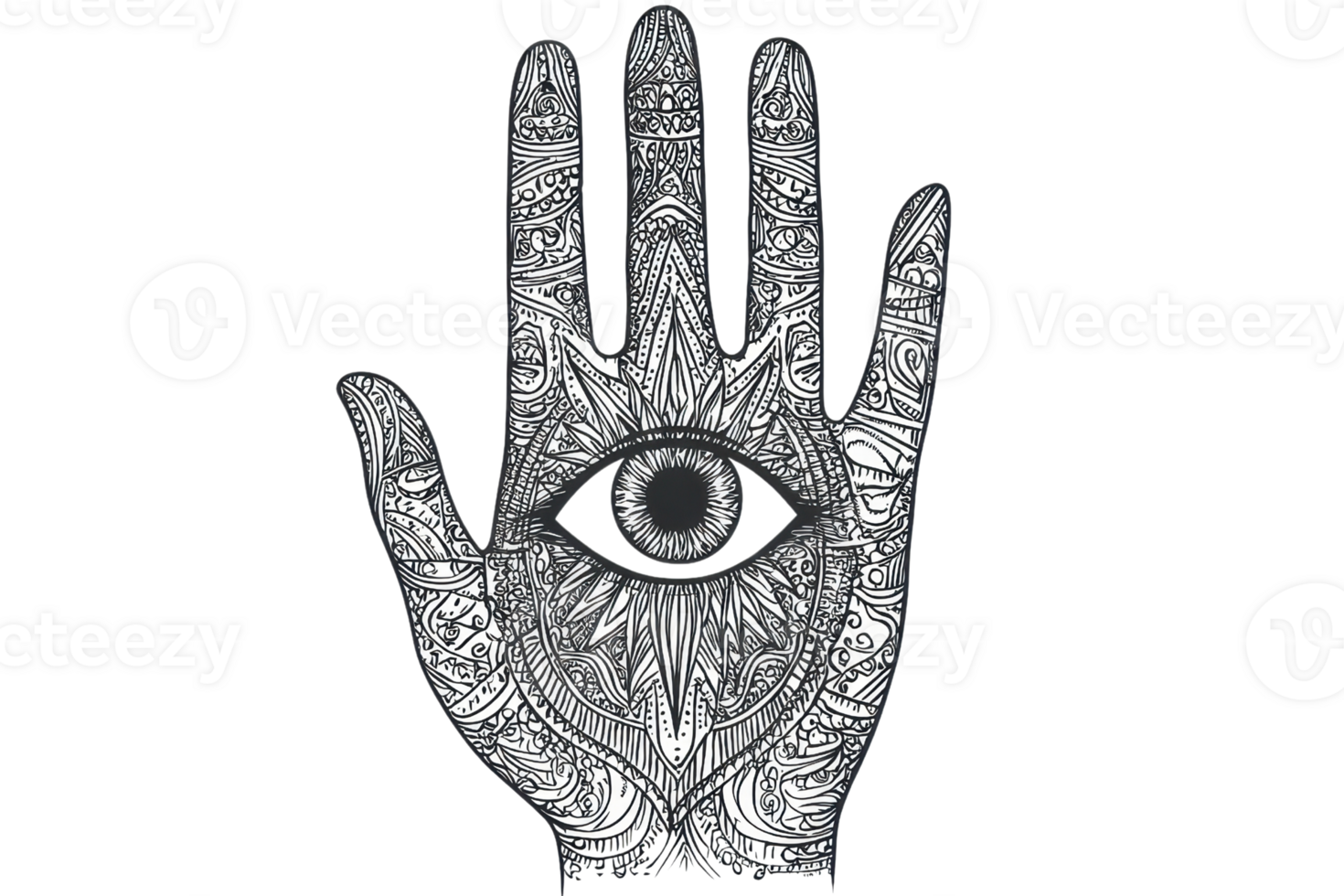 A patterned hand featuring an eye at its center, symbolizing perception and awareness. png