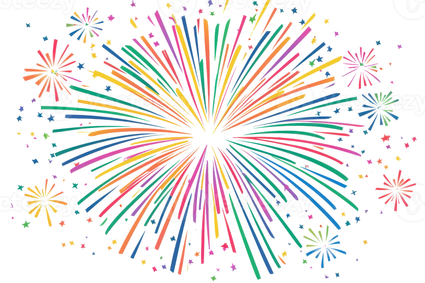 A vibrant display of multicolored fireworks bursting joyfully in various starburst patterns. png