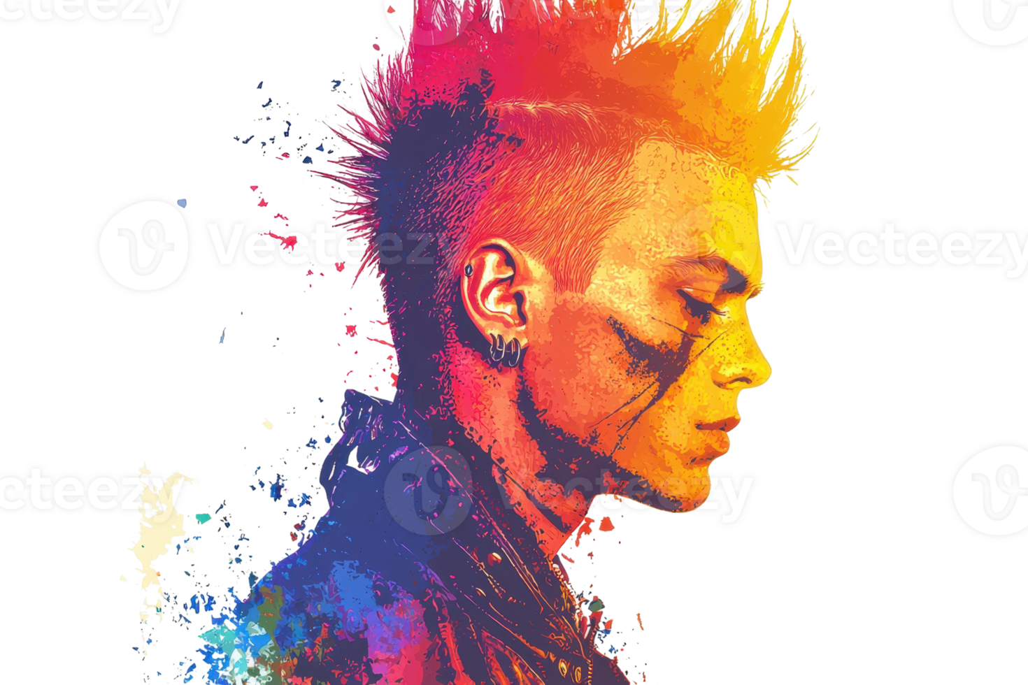 A vibrant, stylized profile of a male figure with spiky hair and artistic facial markings, merging punk aesthetics with bold colors. png