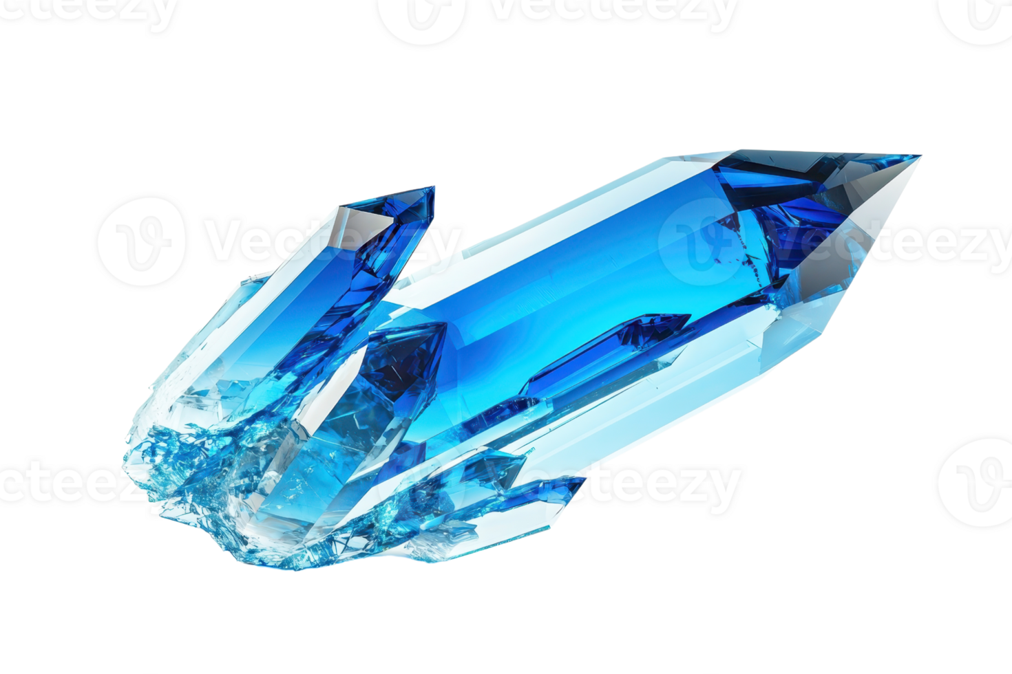 A stunning blue crystal with sharp facets and a vivid, reflective surface. png